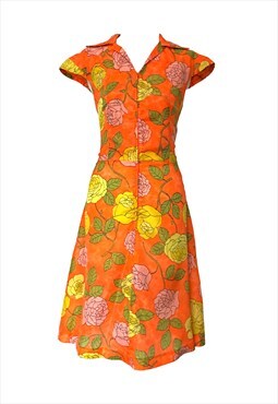 1960s Vintage Retro Orange/Yellow floral Rose Midi Dress