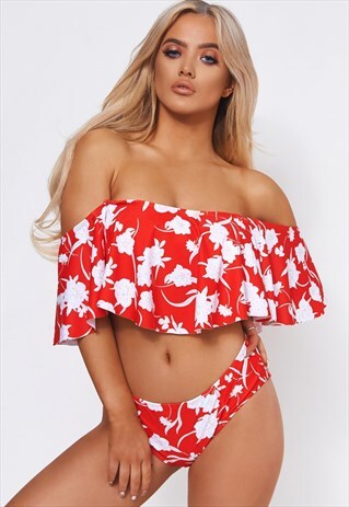 RED FLORAL BARDOT BIKINI