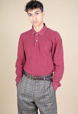 BURGUNDY LONG SLEEVE TOMMY HILFIGER FLAG LOGO POLO SHIRT