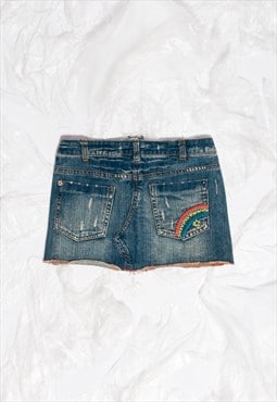 Vintage Denim Skirt Y2K Rainbow Embroidery Kidcore Mini