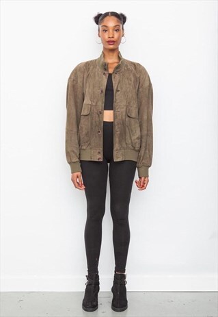 VINTAGE 1980'S GREEN SUEDE BOMBER JACKET