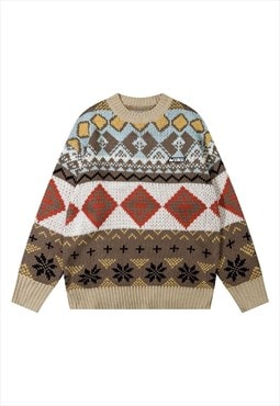 Geometric pattern sweater color block knitwear jumper cream