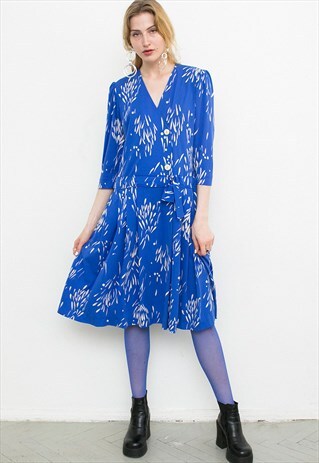 VINTAGE BLUE PATTERN 80S MIDI DRESS