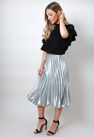 SILVER METALLIC SATIN PLEATED HIGH WAISTED MIDI SKIRT