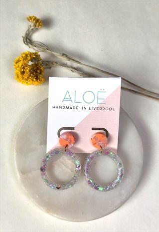 HANDMADE CORAL & IRIDESCENT RESIN GLITTER HOOP EARRINGS