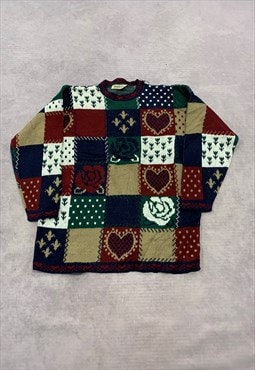 Vintage Knitted Jumper Abstract Heart Flower Patterned Knit 