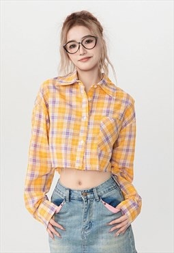 Vintage check pattern crop shirt retro cowgirl top in yellow
