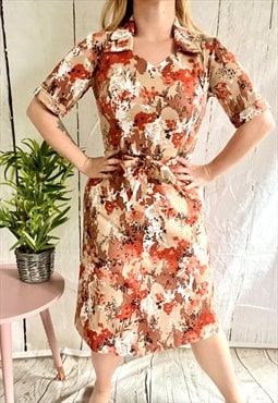 Vintage Brown Floral Boho Tie Up 70's Midi Shirt Dress