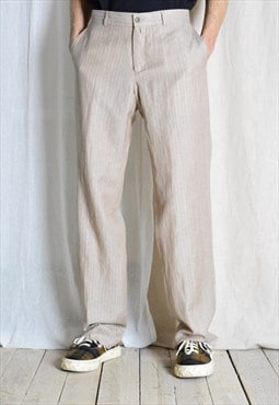 Vintage 90s Beige Striped Pinstripe Linen Wool Mens Pants