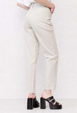 VINTAGE LIGHT BEIGE CREAM STRIPED HIGH WAISTED DENIM JEANS