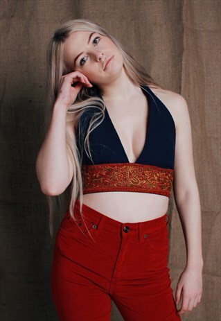 DARK BLUE LINEN HALTERNECK WITH INDIAN EMBELLISHMENT