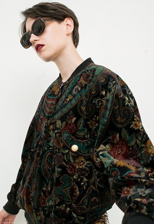 VINTAGE JACKET DARK VELVET EARTH TONES FLOWER PATTERN BOHO