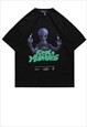 ALIEN PRINT T-SHIRT CYBER TEE RETRO UFO TOP IN WHITE