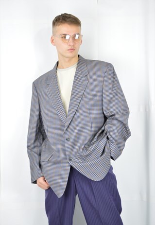 VINTAGE GREY CHECKERED CLASSIC 80'S WOOL SUIT BLAZER
