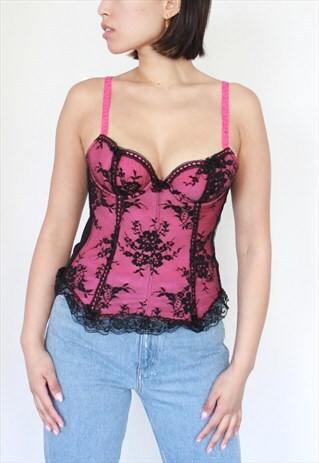 Y2K BLACK PINK LACE CORSET TOP BUSTIER BASQUE