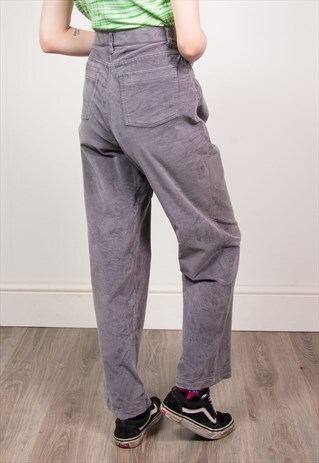 VINTAGE 70'S GREY CORD HIGH WAIST STRAIGHT LEG TROUSERS