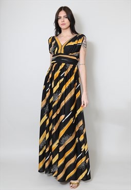 70's Vintage Ladies Dress Grecian Black Yellow Abstract Maxi