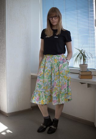 VINTAGE 80'S MIDI MULTICOLOUR ABSTRACT PRINT COTTON SKIRT