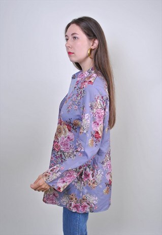 VINTAGE FLORAL BLOUSE WITH LONG SLEEVE, SIZE XXL