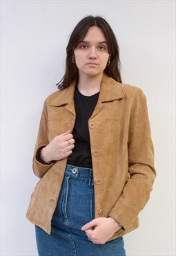 Vintage Women's L Blazer Suede Basic Jacket Beige Brown 