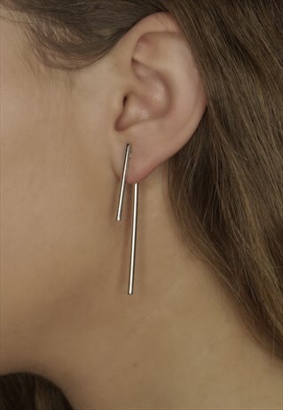 DOUBLE BAR FRONT AND BACK SILVER BRASS EARRINGS