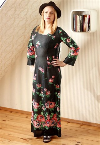 BLACK MAXI BRIGHT FLOWERS DRESS
