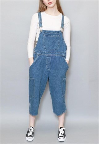 VINTAGE 1990'S MID WASH CROPPED DENIM DUNGAREES