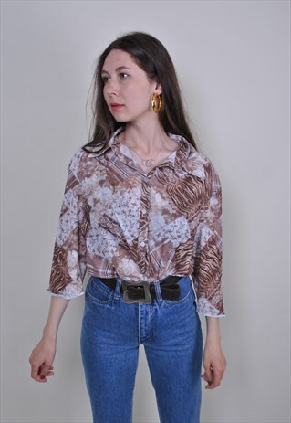 70S QUARTER SLEEVE FLORAL PATTERN BLOUSE, SIZE M