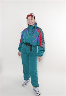 Vintage 90s one piece ski suit, women retro green ski suit