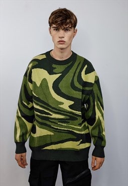 Camouflage print sweater military knitwear jumper in green