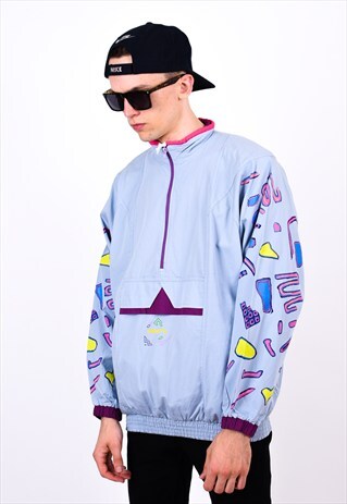 VINTAGE PASTEL BLUE ABSTRACT LIGHTWEIGHT 1/4 ZIPPER JACKET