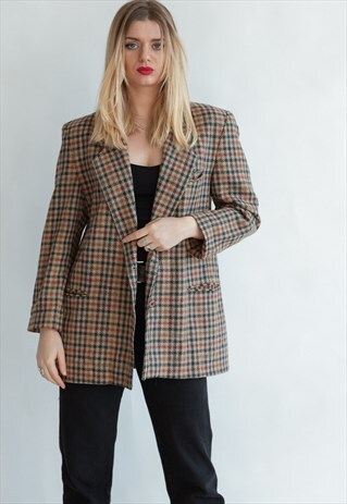 VINTAGE 80S CLASSIC TWEED BLAZER IN CHECKERED BROWN
