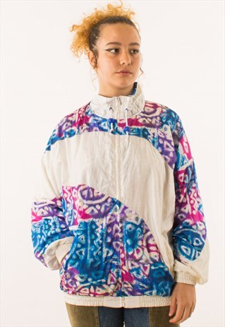 VINTAGE 90S WHITE AZTEC CRAZY PRINT WINDBREAKER JACKET