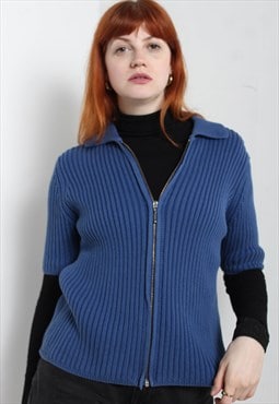 Vintage 90's Short Sleeve Rib Knitted Zip Cardigan Blue