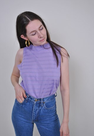 VINTAGE PURPLE TANK TOP, 80S STRIPED DOT SLEEVELESS TOP