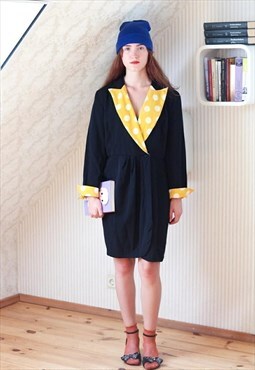 Black long sleeve French wrap dress with yellow collar