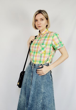 90S PASTEL COLORFUL CHECKED SHORT SLEEVE MINIMALIST BLOUSE