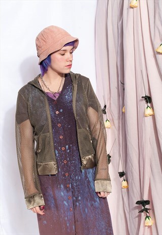 VINTAGE RAVE NET JACKET Y2K HOODED FISHNET MESH TOP