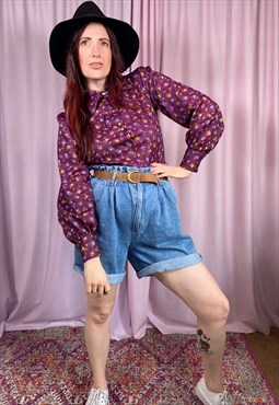 vintage 70s shirt purple floral spring summer shirt boho 