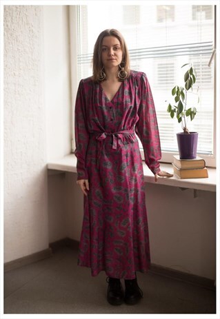 VINTAGE 70'S PURPLE PATTERNED LONG SLEEVED MIDI DRESS
