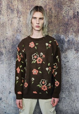 Floral sweater vintage flowers print jumper retro top brown