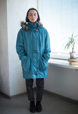 VINTAGE 90'S TEAL BLUE HOODED PARKA COAT
