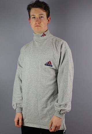 VINTAGE ADIDAS ROLL NECK SWEATSHIRT IN GREY WITH EMBROIDERY