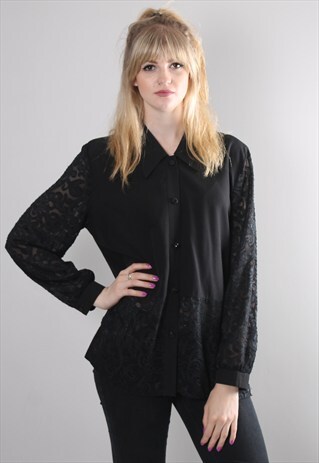 VINTAGE 80S BLACK TEXTURED SHEER BLOUSE SHIRT TOP