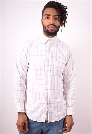 TOMMY HILFIGER MENS VINTAGE SHIRT SMALL WHITE CHECK 90S