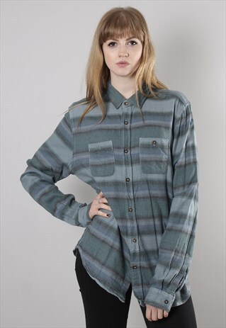 VINTAGE 90S GREEN STRIPE OVERSIZE FLANNEL SHIRT