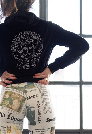 VINTAGE VERSACE MEDUSA Y2K VELOUR DIAMONTE CROPPED HOODIE