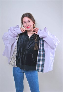 Vintage reworked zipped up hoodie, upcycled plaid shirt  