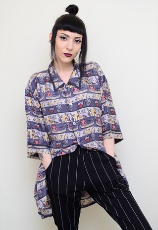 VINTAGE 90'S ABSTRACT PATTERNED SILK BOYFRIEND SHIRT