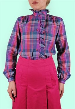 Vintage 80's 90's Plaid Ruffle High Collar Romantic Blouse